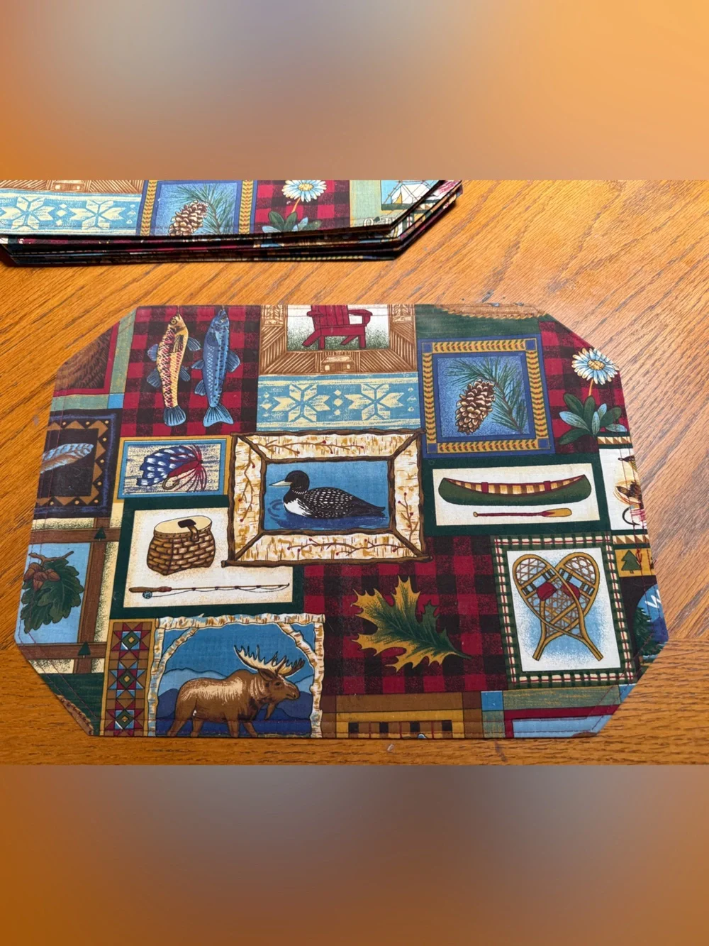 Cabin Decor -  Lodge Print Placemats with Red Buffalo Check - Lot of 8